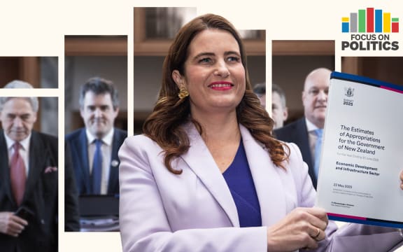 Composite of Nicola Willis with copy of 2025 budget with Winston Peters, Chris Bishop and Christopher Luxon in background