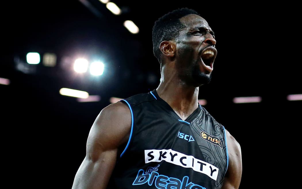 Ekene Ibekwe reacts after a dunk at Vector Arena