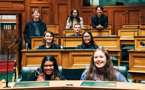 Molly Doyle (front right) is the Youth MP for Green Party co-leader and Minister of Climate Change James Shaw. Doyle is surrounded by the other Youth MPs representing the Green Party including Luke Wijohn (far right back).