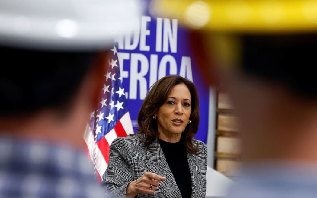 Vice President Kamala Harris speaks in Hemlock, Michigan, on Monday, October 28.