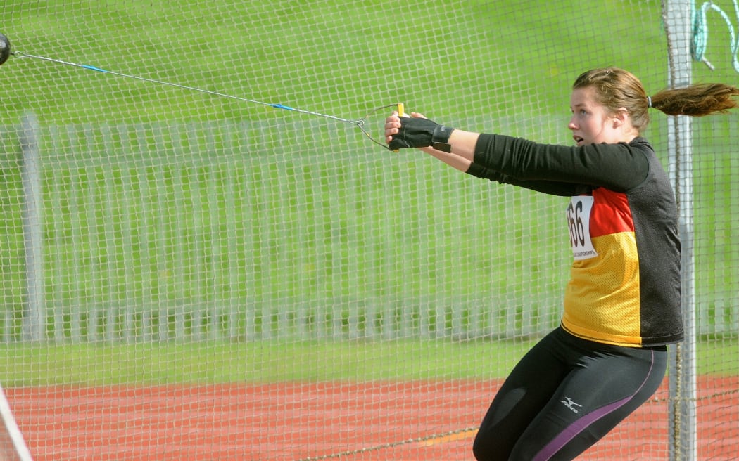 Julia Ratcliffe of Waikato in action in the senior womens hammer throw final, Athletics New Zealand Track & Field Championships day 2, 26 March 2011, Dunedin.