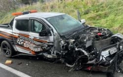 The speedway VW Amarok ute that was hit in a fatal crash on State Highway 1 near Hunterville.