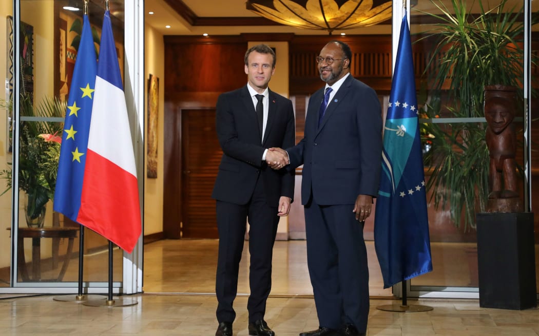 French president Emmanuel Macron welcomes Vanuatu Prime minister Charlot Salwai before a South Pacific conference at the French high commissioner to New Caledonia residence in Noumea on May 4, 2018.