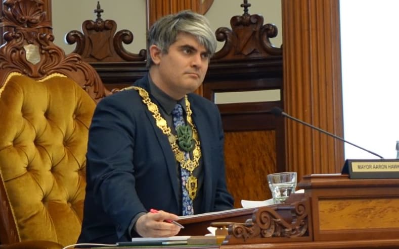 Dunedin mayor Aaron Hawkins during a City Council meeting. Deputy mayor Christine Garey in the foreground.