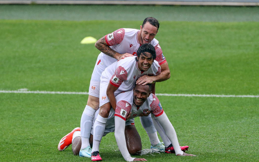 Tahiti's Eddy Kaspard celebrates his goal. FIFA World Cup 2026 - OFC Qualifiers, Samoa v Tahiti, FMG Stadium Hamilton, Friday 15 November 2024. Photo: Shane Wenzlick / www.phototek.nz