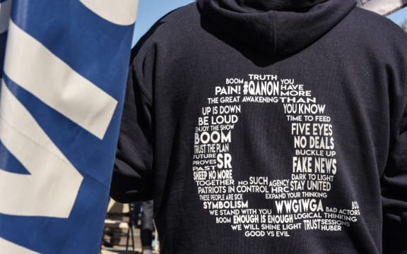 A person wearing a QAnon sweatshirt during a pro-Trump rally in New York City. The event, which was organized weeks ago, encouraged people to vote Republican and to pray for the health of President Trump who fell ill with Covid-19.