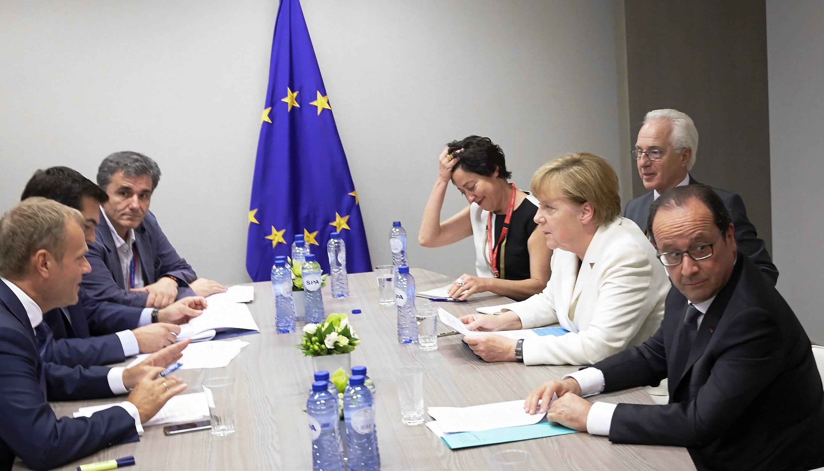 EU council president Donald Tusk Greek Prime Minister Alexis Tsipras, Greek Finance Minister Euclid Tsakalotos, French President Francois Hollande and German Chancellor Angela Merkel attend a meeting in Brussels.