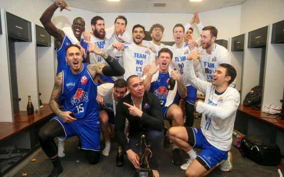 Saints team members celebrate with the NBL Trophy. 2019 NBL Final.