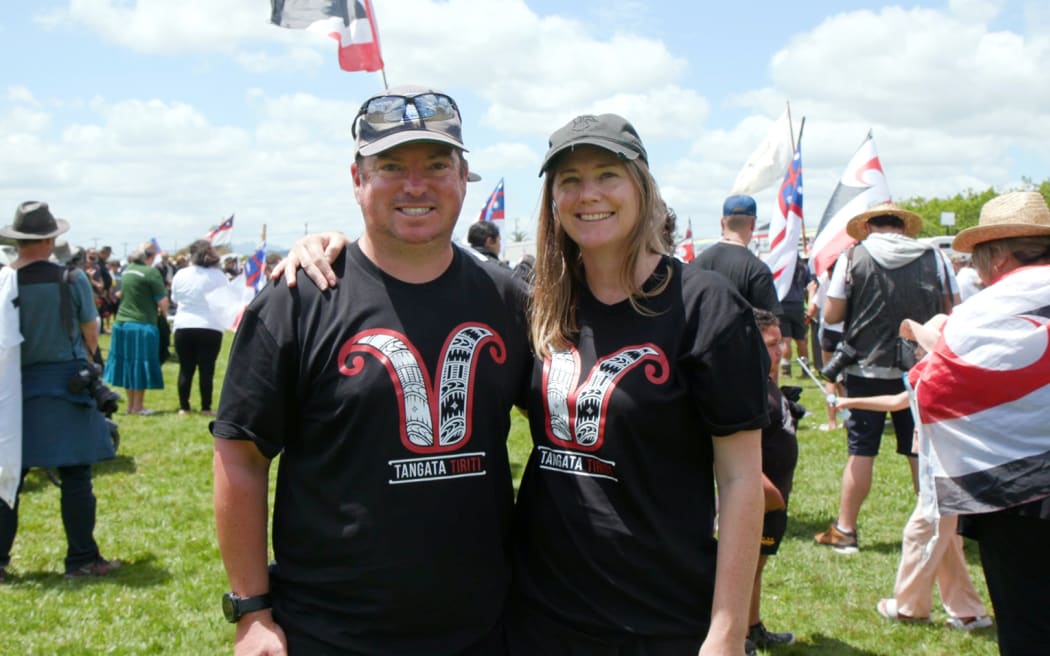 Matt Watson, left, and Lucy Hoult joined the hīkoi mō te Tiriti in Dargaville