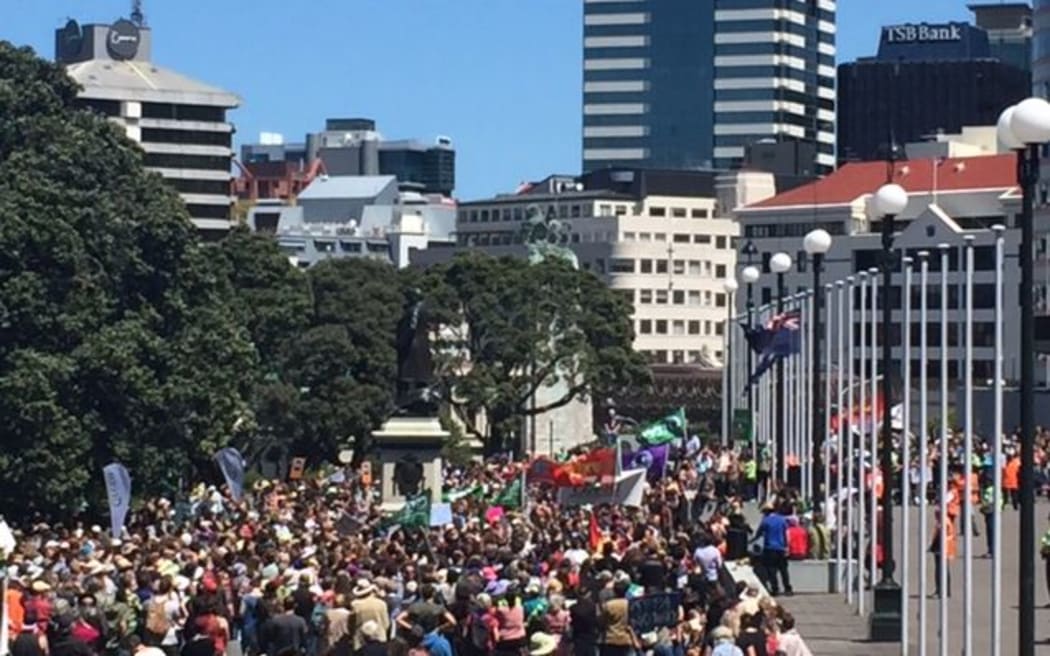 An estimated seven thousand people marched in Wellington to the steps of parliament, demanding climate change justice, 28 November 2015.