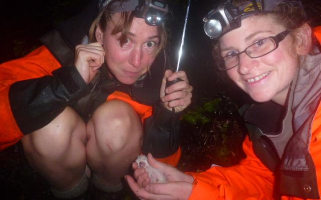 Jen Waite, left, and Lyndsay Murray with the chick.