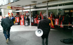 A protest held in Auckland in mid-April against McDonald's zero-hour contracts.