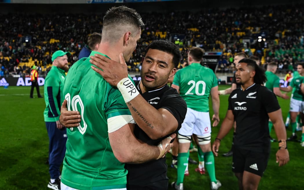 Richie Mo'unga of New Zealand with Johnny Sexton.
New Zealand All Blacks v Ireland, 3rd test at Sky Stadium, Wellington, New Zealand on Saturday 16 July 2022.
2022 Steinlager Series / 2022 Ireland Rugby Union Summer tour to New Zealand.
 © Copyright photo: Andrew Cornaga / www.photosport.nz