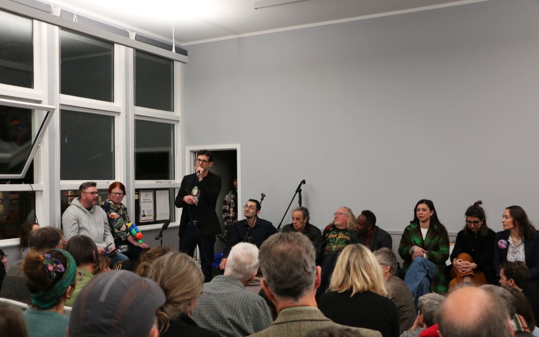 (From left) Scott Sheeran (of the National Party), Taylor Arneil (from New Zealand First), Don Franks (from Workers Now), Michael Appleby (from the Aotearoa Legalise Cannabis Party), Ibrahim Omer (from the Labour Party), Tamatha Paul (from the Green Party), Natalia Albert (from The Opportunities Party), Meg Lim (from Vision NZ) attend the Aro Valley general elections debate on 1 September, 2023.
