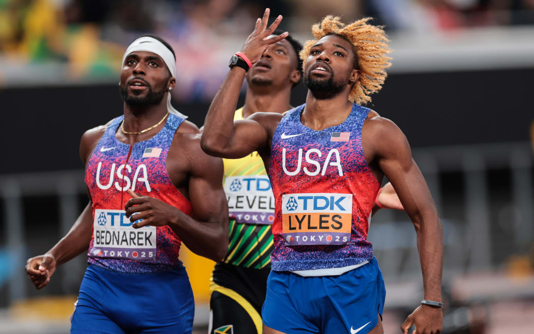 Noah Lyles celebrates winning gold in the 200m sprint at the world athletics championships in Tokyo, 20 September, 2025. 
Mandatory Credit ©INPHO/Morgan Treacy
