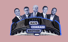 Mate, Comrade, Brother series logo in front of Beehive and lobbyists.