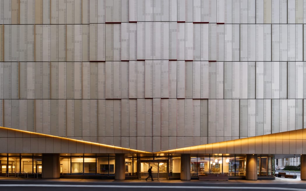 The entrance to Te Rua Archives showing the stepped Poutama pattern on the facade.