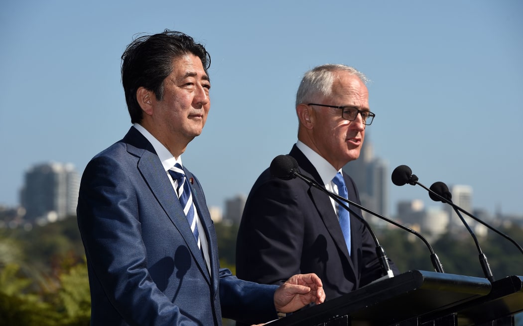 Japan's Prime Minister Shinzo Abe and his Australian counterpart Malcolm Turnbull speak at Kirribilli House in Sydney after bilateral talks.