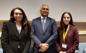 Ilana Seid (left) and Satyendra Prasad (middle) with Sweden's Climate Change Minister Romina Pourmokthari at the 5th BBNJ Intergovernmental Conference in New York.