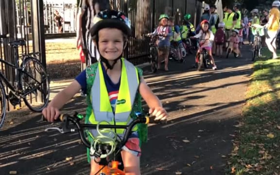 Children taking part in the 'bike train'