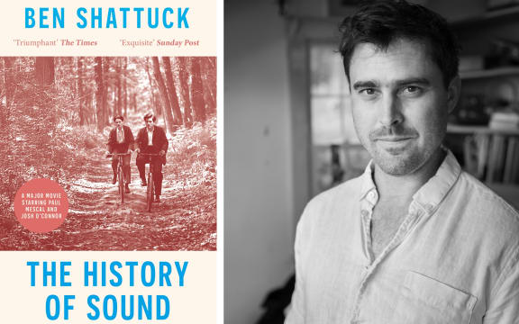 Black and white photo of author Ben Shattuck next to his book cover for 'The History of Sound'.