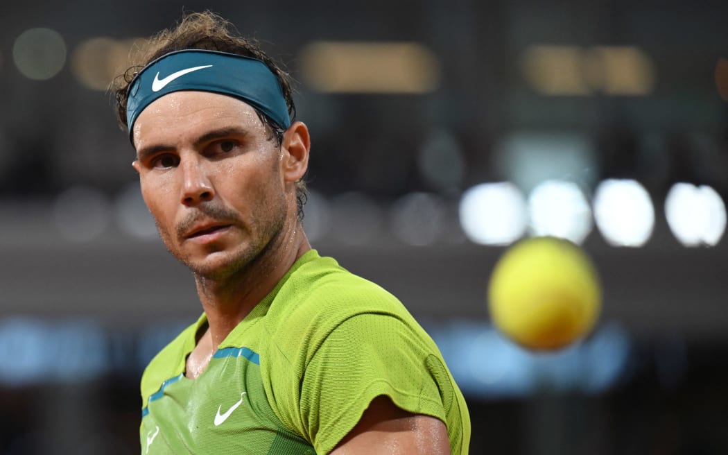 Rafael Nadal (ESP) competes in men's single semifinal during Roland-Garros 2022, day 12, on June 2, 2022, Roland Garros Stadium, Paris, France. Photo Philippe Millereau / KMSP (Photo by MILLEREAU Philippe / KMSP / KMSP via AFP)