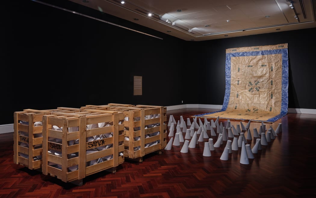 John Vea, Import/Export, 2008-2016. Courtesy of the artist and Auckland Art Gallery Toi o Tāmaki. Centre: John Vea, Import/Export, 2008-2023. Courtesy of the artist. Right: Jasmine Togo-Brisby, Monopoly, 2023.