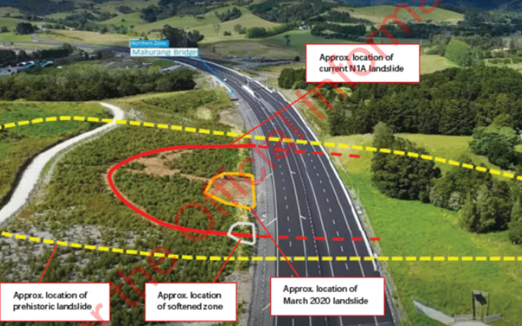 The landslide area shown in a Waka Kotahi report, marked onto a drone image of the Pūhoi to Warkworth highway, which was captured in January 2023 by NX2.