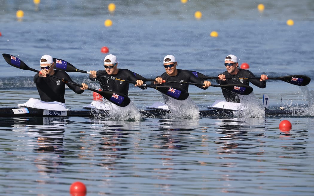 New Zealand Mens Kayak Four - Max Brown, Grant Clancy, Kurtis Imrie and Hamish Legarth in their heat.
Canoe sprint at Vaires-sur-Marne Nautical Stadium-flat water, Paris, France on Tuesday 6 August 2024. Photo credit: Iain McGregor / www.photosport.nz