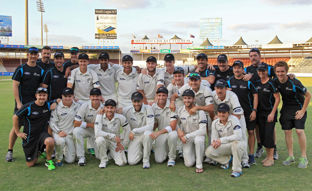 The New Zealand cricketers celebrate third test win over Pakistan in Sharjah in 2014.