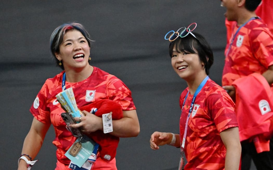 The closing ceremony of the Paris Olympics at the Stade de France in Saint-Denis, France on August 11, 2024. Japanese athletes enter the field. ( The Yomiuri Shimbun ) (Photo by Kaname Muto / Yomiuri / The Yomiuri Shimbun via AFP)