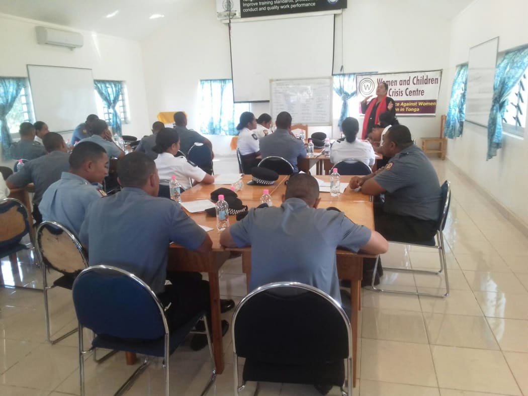 'Ofa-ki-Levuka Guttenbeil Likiliki (addressing the group) conducts a training for new Police recruits in Tonga on gender, human rights and ending violence against women. October 2019