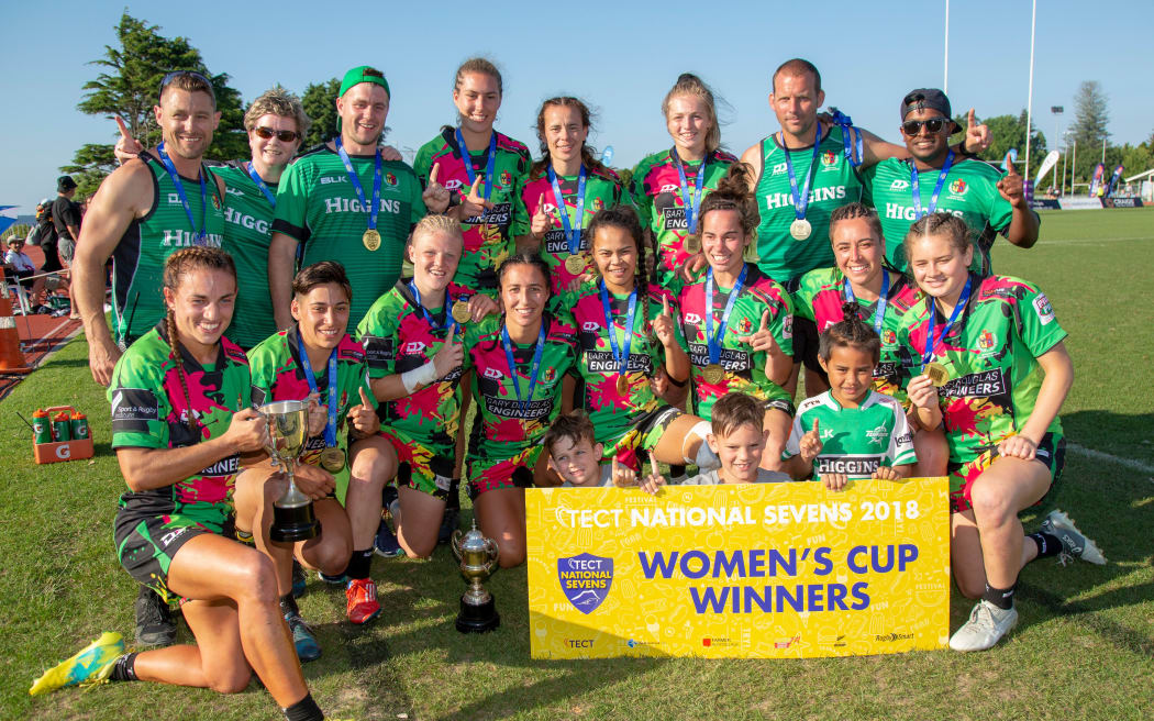 Manawatu women celebrate winning the  New Zealand Sevens title 2018.
