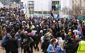 Anti-government protester in Wellington, marching towards Parliament on 23 August 2022.