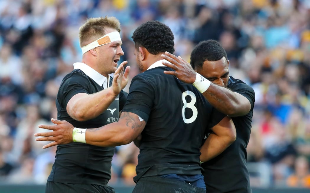 Ardie Savea celebrates with Sam Cane and Sevu Reece after scoring. Wallabies v New Zealand All Blacks, 2024  Rugby Championship and Bledisloe Cup test match,  Accor Stadium, NSW, Australia, Saturday 21st September 2024, Copyright Photo: David Neilson / www.photosport.nz