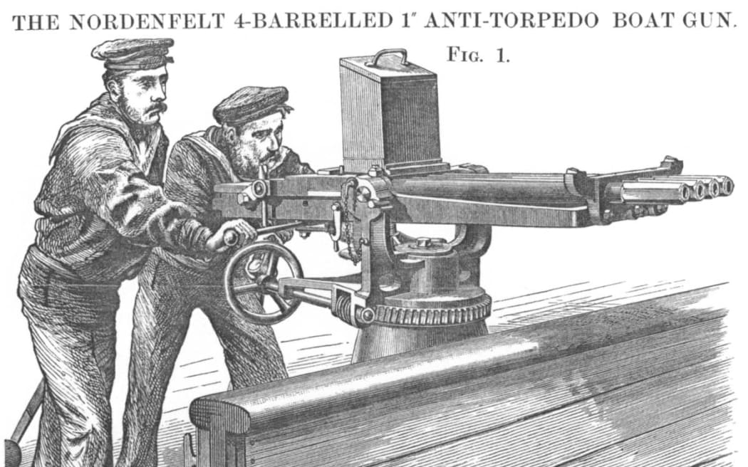 The firing of a Nordenfelt multi-barrel anti-torpedo boat gun similar to those ordered by the Royal NZ Navy in the 1870s