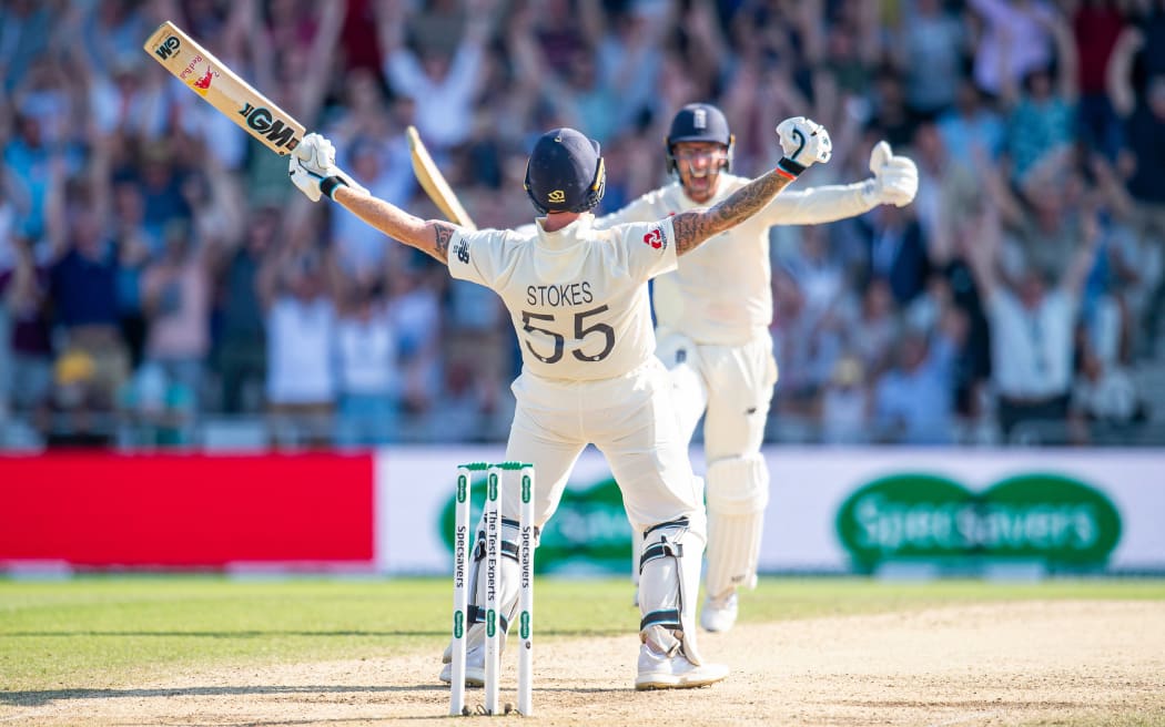 Ben Stokes and Jack Leach celebrate their Ashes heroics.
