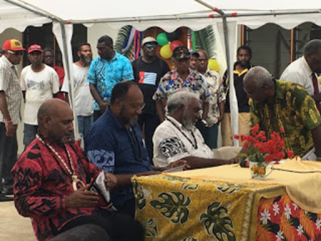 (from left:) United Liberation Movement for West Papua chairman Benny Wenda, Vanuatu prime minister Charlot Salwai and deputy prime minister Joe Natuman, as well as ULMWP deputy chairman Octo Mote at the Movement's summit in Port Vila, 1 December 2017.