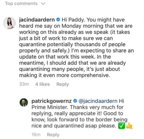 Jacinda Ardern replies to Patrick Gower on Instagram