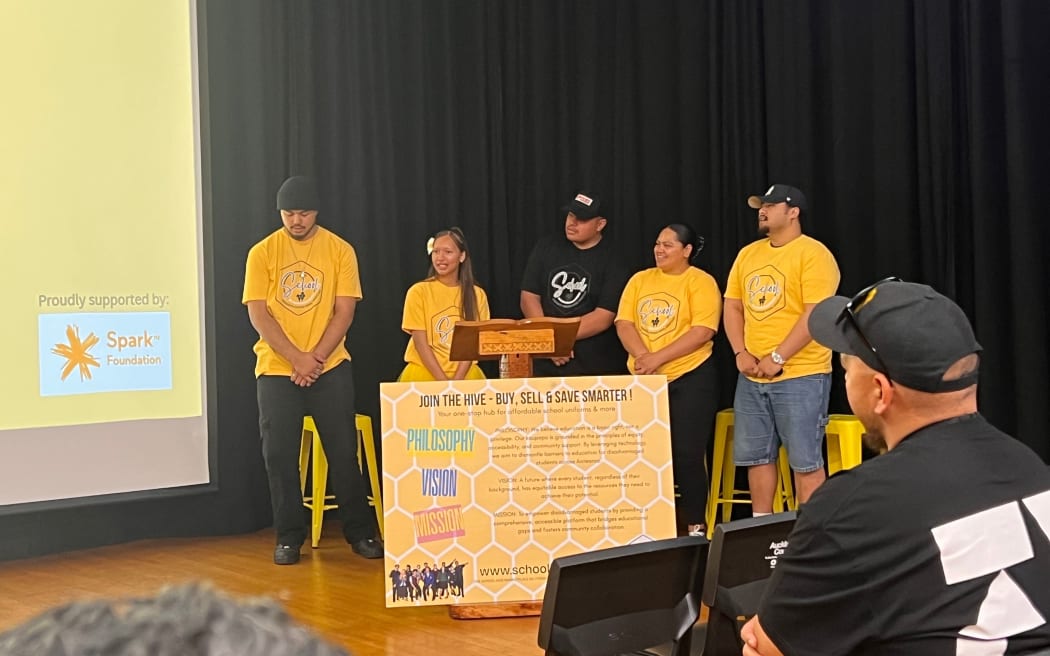 Members of the Ōtara youth hub stand together during the project’s launch at Ōtara Music and Arts Centre, where they introduced their youth-led platform for affordable school essentials.
