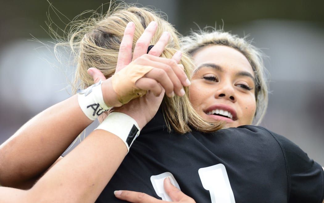 Women's World Cup of Rugby. New Zealand versus United States of America. Claire Richardson (NZL) and Huriana Manuel (NZL) celebrate their try. 2014.