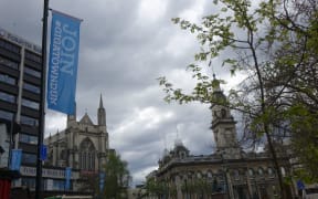 Banners advertising the competition in Dunedin's Octagon.