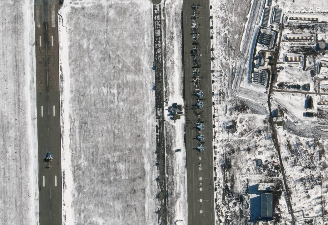 Maxar satellite image taken on February 15, 2022 shows new helicopter unit and Su-25 aircraft deployments at Millerovo airfield in Russia, about 16km from the Ukrainian border.