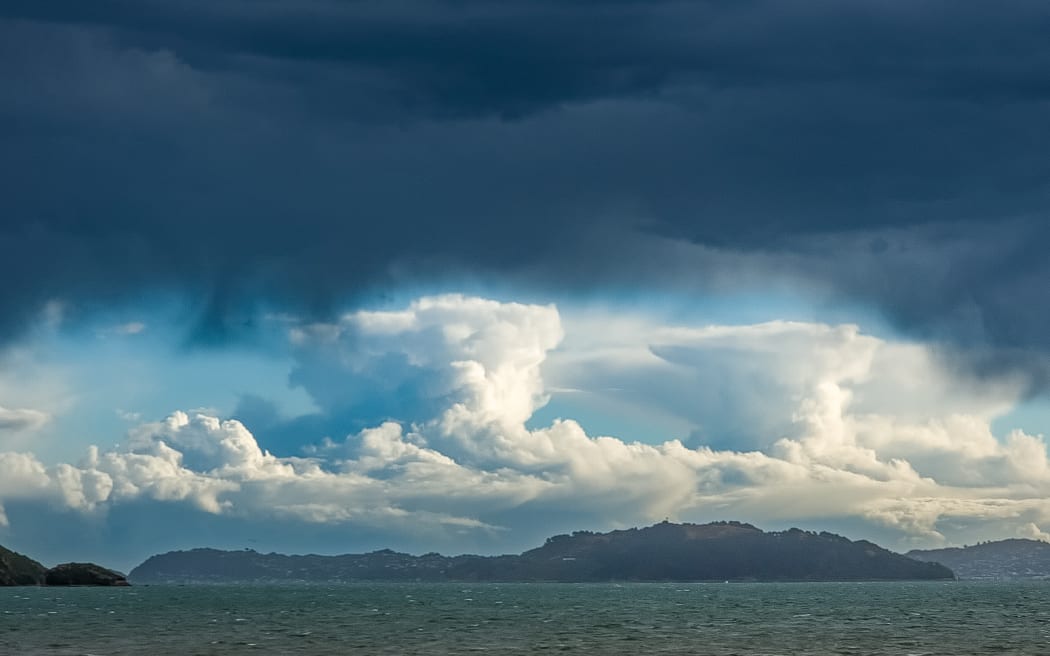 Storm clouds over Wellington Harbour looking north from Petone after a thunderstorm.