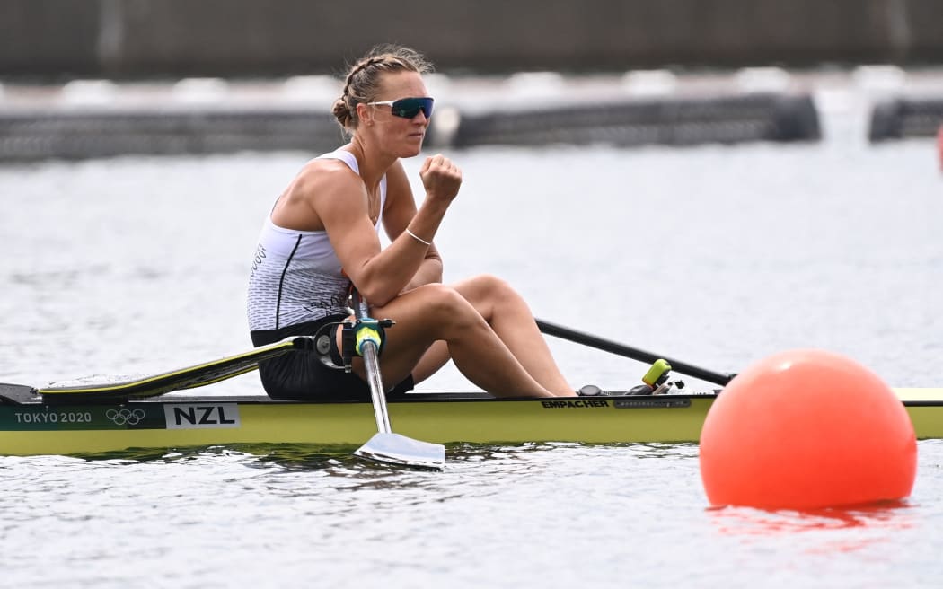 New Zealand's Emma Twigg reacts after winning the gold medal in the women's single sculls final during the Tokyo 2020 Olympic Games at the Sea Forest Waterway in Tokyo on 30 July 2021.