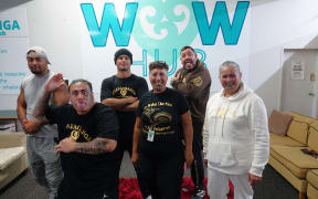 A few of the whai ora (“people seeking health”) and staff at Whakaoranga Whānau Recovery Hub. From left, Ngatama, Te Whetu, Toa, Rhonda Zielinski, Wayne Cresswell and Dee Kopa.