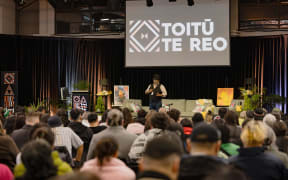 Māori activist Tame Iti speaks to a packed out crowd at Toitū Te Reo 2024.