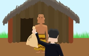 Cartoon of a Crown agent trying to convince a Māori person to sell land