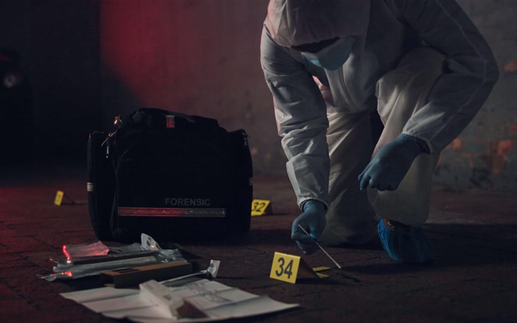 Forensic, csi and swab for dna at crime scene for medical investigation, research analysis and evidence inspection. Science, expert in hazmat and case investigator with observation or search at night.