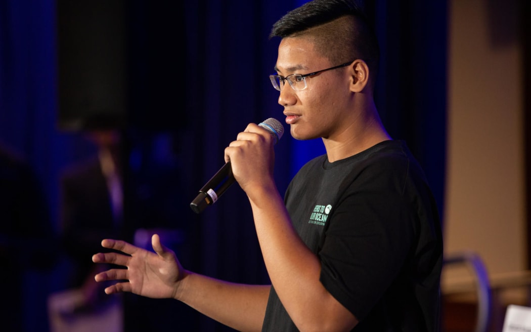 At UNICEF House in New York, Carlos Manuel, 17, from Palau, speaks at a press conference announcing a collective action being taken on behalf of young people everywhere facing the impacts of the climate crisis.